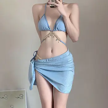 Mulheres Sexy Halter Laço Elegante Cadeia de Maiô 3pcs Conjuntos de Biquíni Verão Fada Azul Cobrir Até a Praia Tankini Swimwears Roupa de Banho
