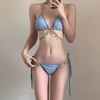 Mulheres Sexy Halter Laço Elegante Cadeia de Maiô 3pcs Conjuntos de Biquíni Verão Fada Azul Cobrir Até a Praia Tankini Swimwears Roupa de Banho