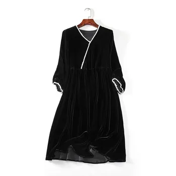 Moda vestido preto 2023 Moda Primavera de veludo elegante vestido de festa,patchwork plissados, babados magro vestido de veludo Elegante Vestidoes