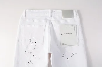 Roxo Marca Homens da High Street Slim Fit Destruído Buraco Branco Hip Hop de respingos de tinta, calças Jeans Calças compridas Streetwear