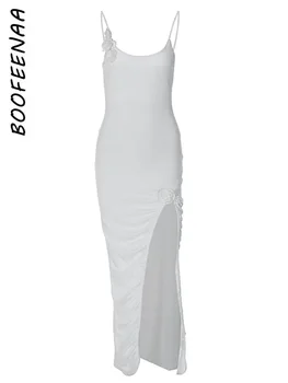 BOOFEENAA Apliques Florais sem encosto Alto Dividido Vestido Longo para a Mulher Férias Roupas Elegantes tons de Branco Vestidos de Verão C15-DB30