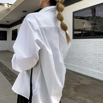 Moda das Mulheres Camisa de Manga comprida com Bolso Sólido Branco Tops Outono Novo de Algodão, Blusa Senhora do Escritório Roupas largas Blusas 28699
