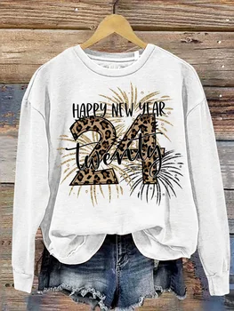 Ano novo Camisola de Mulheres de Roupas Leopard Letra Imprimir Pulôver Tops de grandes dimensões Manga Longa Camiseta Outono Inverno Casaco de Senhora