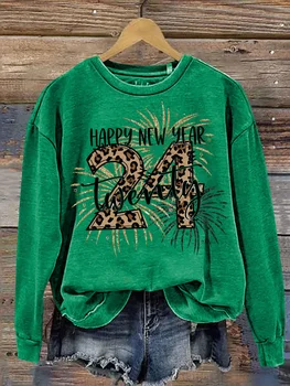 Ano novo Camisola de Mulheres de Roupas Leopard Letra Imprimir Pulôver Tops de grandes dimensões Manga Longa Camiseta Outono Inverno Casaco de Senhora